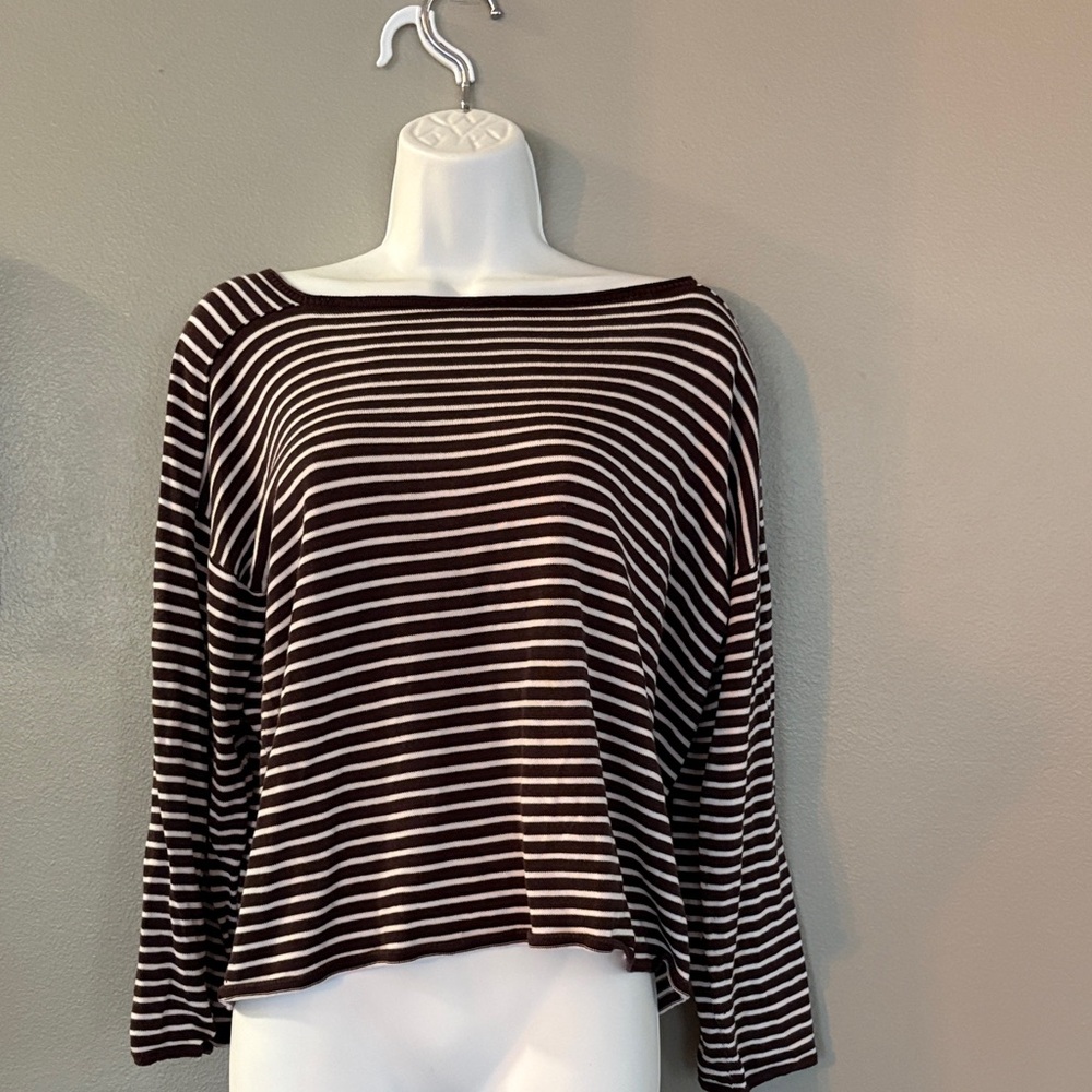 Eileen Fisher Chocolate and Ivory Striped Long Sleeve sweater tee